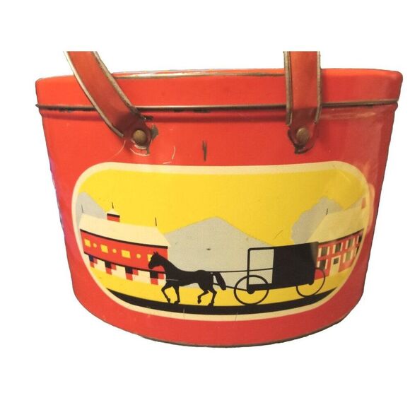 Vintage Tin 2 Handled Amish Pennsylvania Dutch Oval Lithographed 11" X 7" Basket - Picture 6 of 11